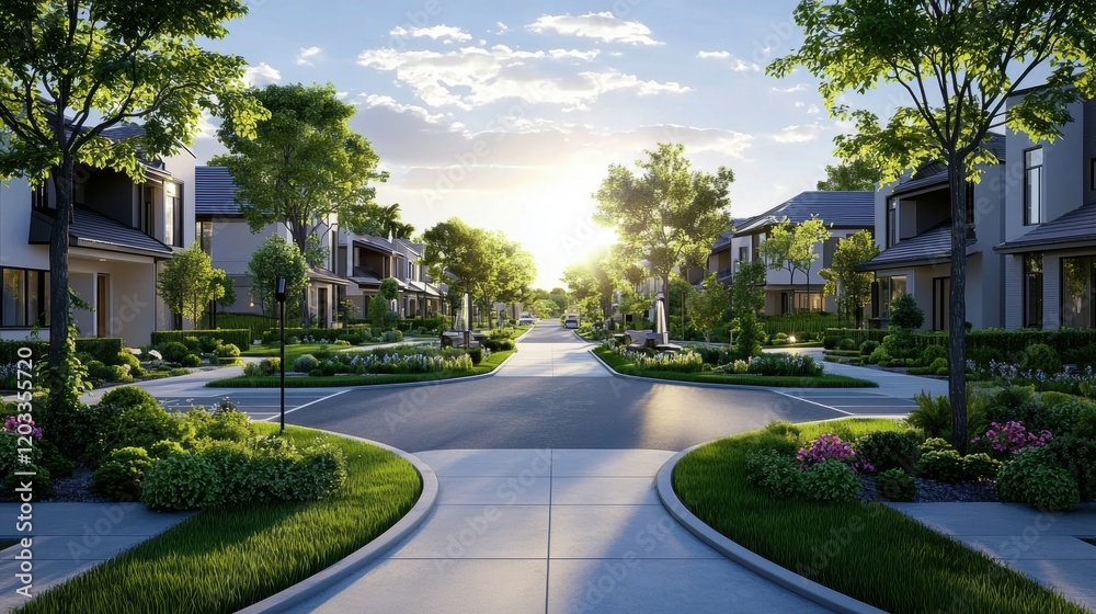 Residential street featuring houses and trees in the background with a clear blue sky and sidewalks on either side Residential street featuring houses and trees in the background with a clear blue sky and sidewalks on either side