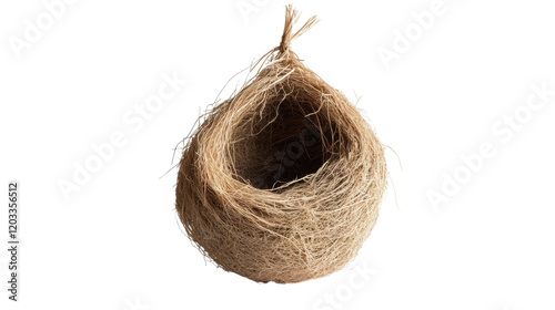 Coconut in a wicker basket surrounded by natural straw and grains in a bird nest setting