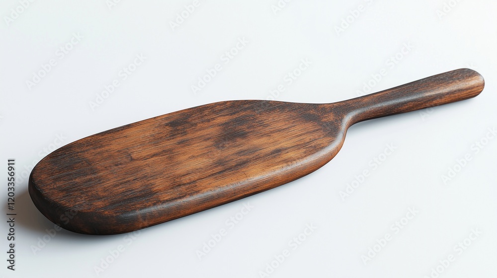 A rustic wooden rice paddle with a polished finish, lying on a smooth white surface. A rustic wooden rice paddle with a polished finish, lying on a smooth white surface.