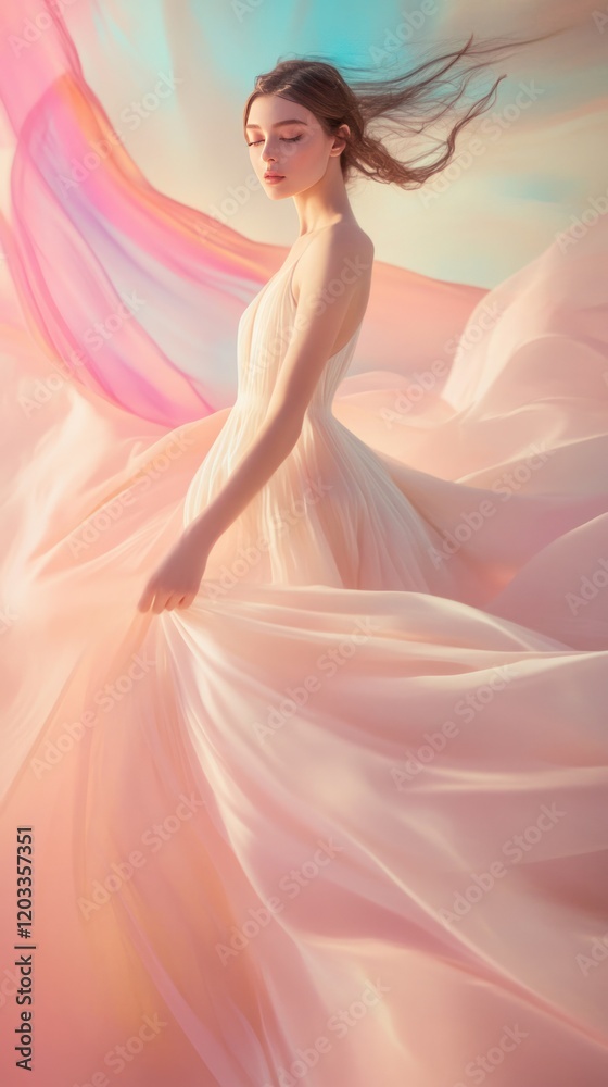 Editorial fashion poster with a model in a flowing pastel gown, soft lighting, and a dreamy blurred backdrop. Editorial fashion poster with a model in a flowing pastel gown, soft lighting, and a dreamy blurred backdrop.