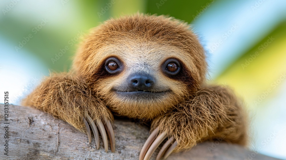 Naklejka premium A baby sloth is sitting on a tree branch