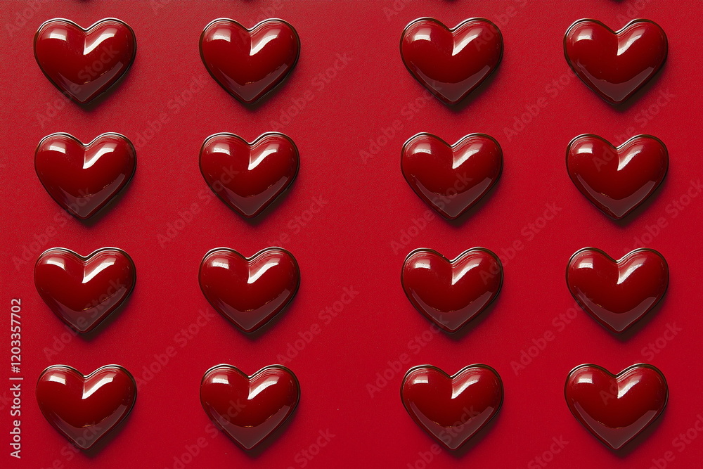 Fototapeta premium Valentine's Day heart background. A neat arrangement of glossy, red, heart-shaped chocolates placed on a bold red background, symbolizing sweetness and love, ideal for Valentine's Day advertisements.