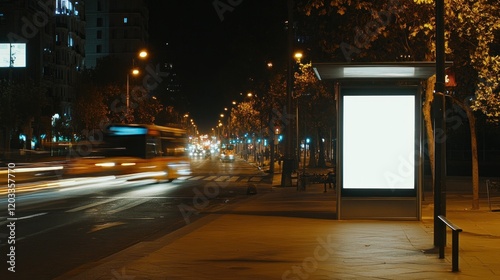 Blank Billboard at Night in City Street with Light Trails