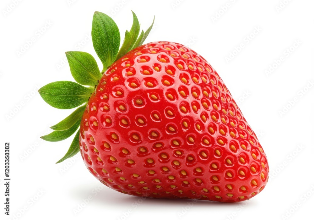 A fresh vibrant red strawberry with a green leafy top and detailed seeds isolated on a white background A fresh vibrant red strawberry with a green leafy top and detailed seeds isolated on a white background