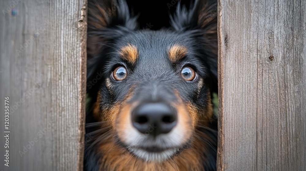 Fototapeta premium A dog peeking out from behind a wooden fence