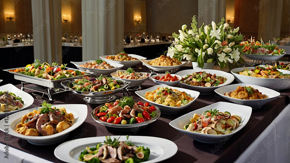 Luxurious Buffet Display with Gourmet Servings and Elegant Decoration Luxurious Buffet Display with Gourmet Servings and Elegant Decoration