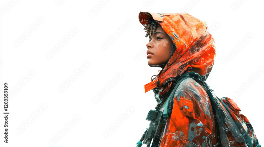 Fototapeta premium A minimalist design of a boy with a futuristic layered jacket, vibrant metallic tones in red, orange