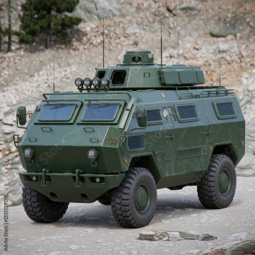 A military armored personnel carrier, robust and ready for challenging terrain.
