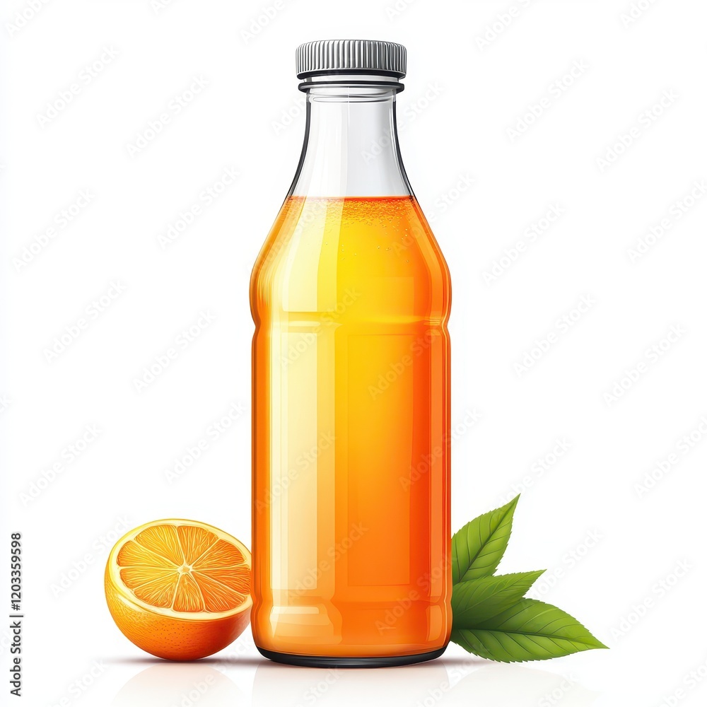 Fresh orange juice in glass bottle with slice vector illustration design Fresh orange juice in glass bottle with slice vector illustration design