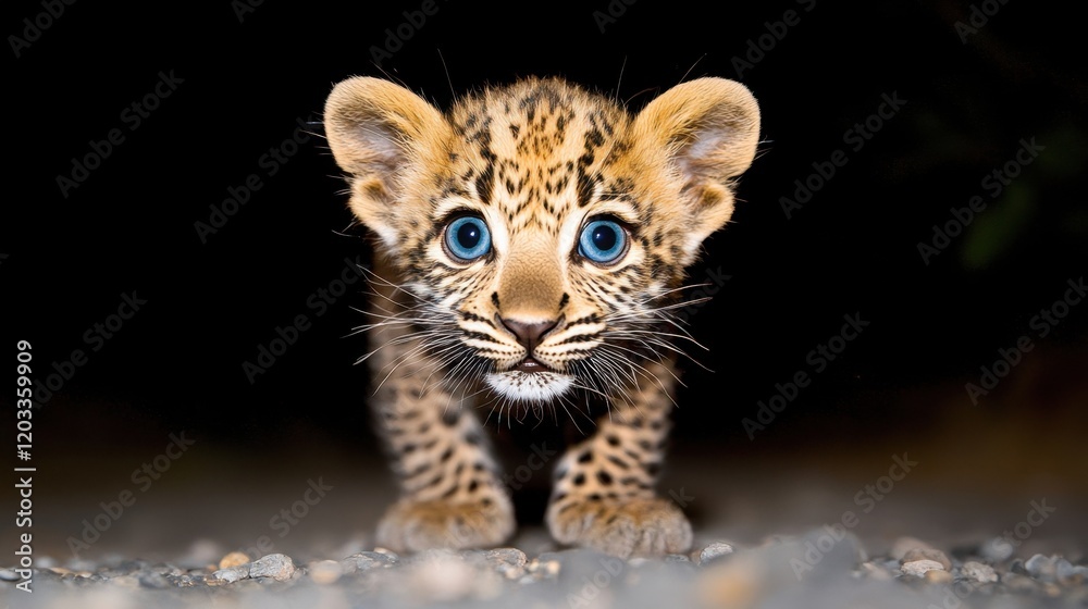 Fototapeta premium A small leopard cub with blue eyes walking on the ground