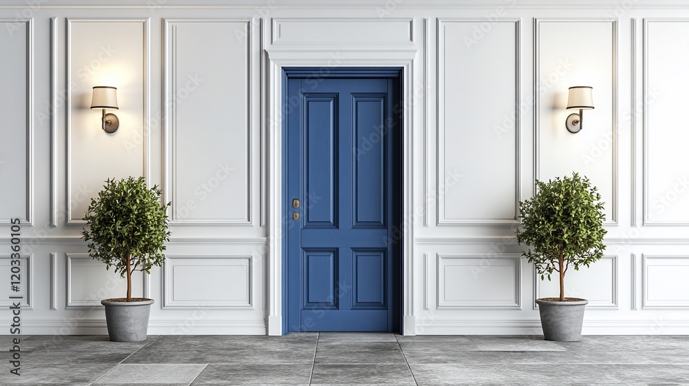 Fototapeta premium Blue door in a white paneled hallway.