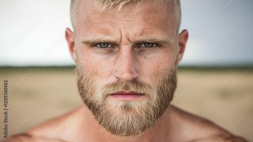 Obraz premium A man with a bald head and a beard stares at the camera