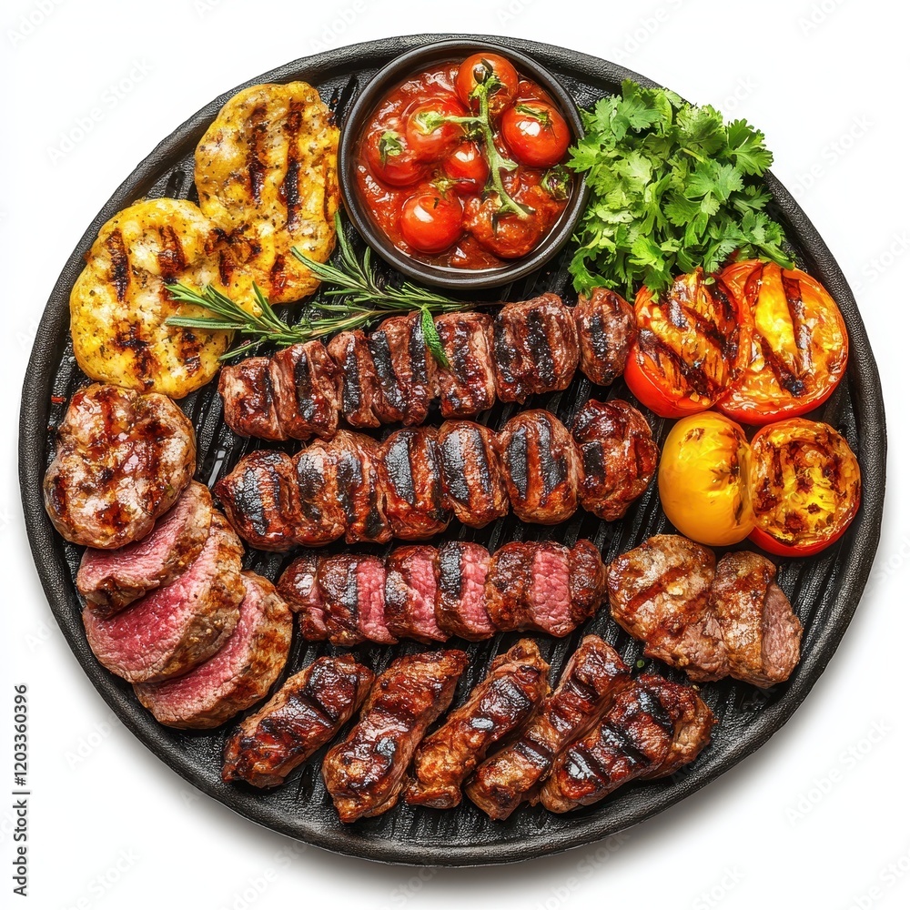 Grilled meat and vegetables plate with garnish and fresh herbs 70 chars exactly Grilled meat and vegetables plate with garnish and fresh herbs 70 chars exactly