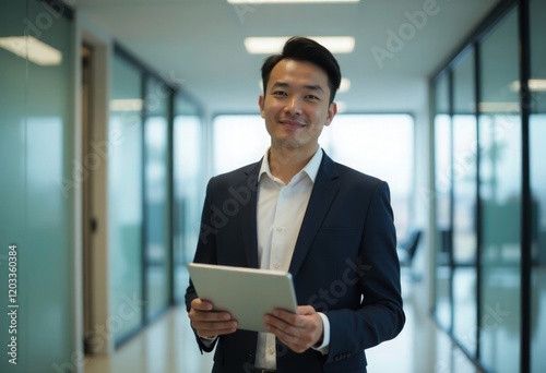 Young Japanese businessman holding a tablet computer in an office hallway with blurred background