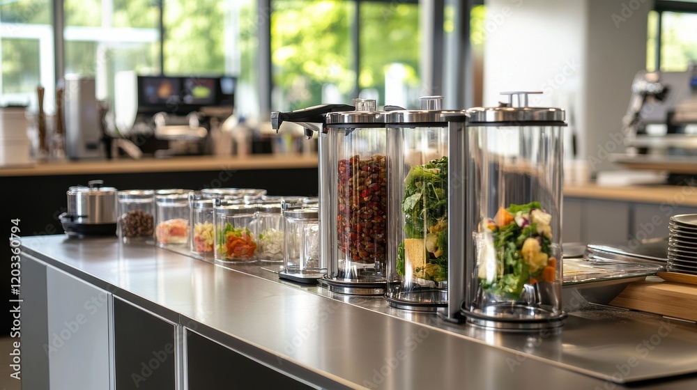 Freshly prepared salads and ingredients displayed in glass containers on a modern kitchen counter Freshly prepared salads and ingredients displayed in glass containers on a modern kitchen counter