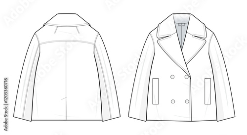 Double-Breasted Peacoat Technical Fashion Illustration. Double-Breasted Jacket with Notched Lapel Collar Vector Template. Front and Back View. Tailored Fit. Welt Pockets. Women’s Wear. CAD Mockup.