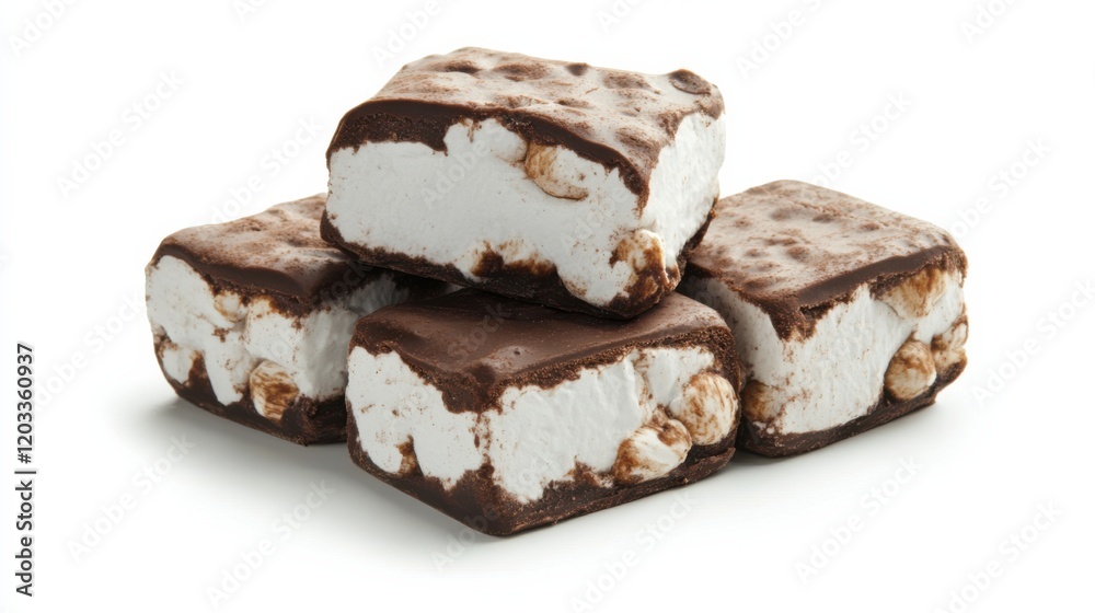 A stack of chocolate-covered marshmallow treats on a clean white background, ready for enjoyment A stack of chocolate-covered marshmallow treats on a clean white background, ready for enjoyment