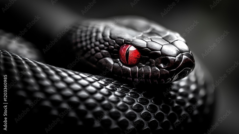 Fototapeta premium A close up of a black snake with red eyes
