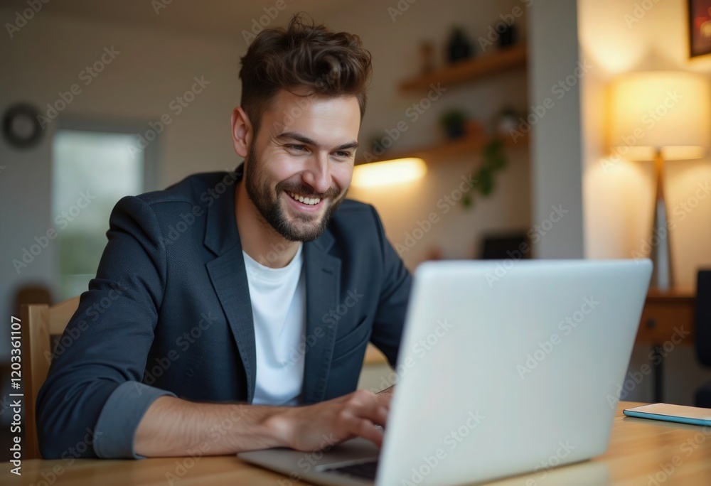 A young man is doing his taxes at home using a laptop computer