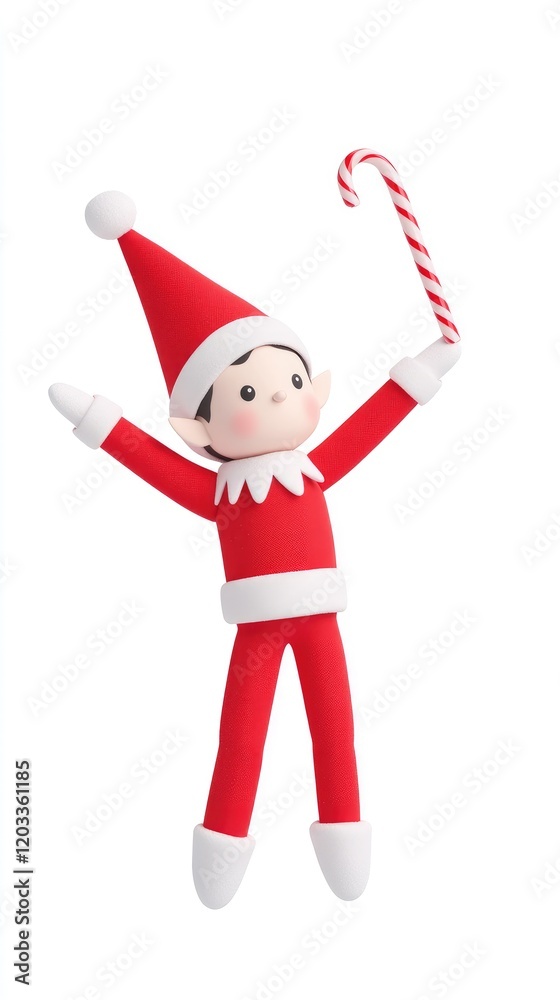 Festive Elf in Red Costume Holding Candy Cane Celebrating Christmas Joyfully Against White Background Festive Elf in Red Costume Holding Candy Cane Celebrating Christmas Joyfully Against White Background