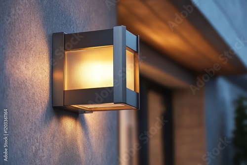 A stylish outdoor wall light with a sleek metallic frame and frosted glass, casting a warm glow on a modern facade photo