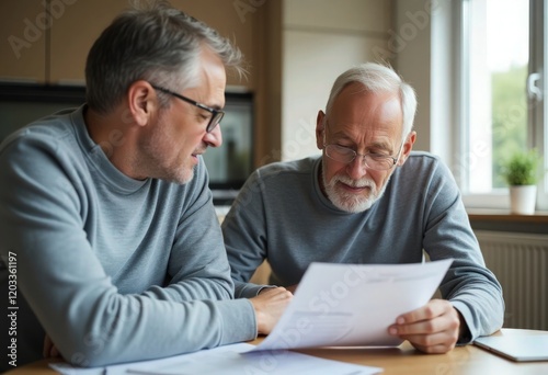 An elderly man and his son are filing taxes using paperwork at home