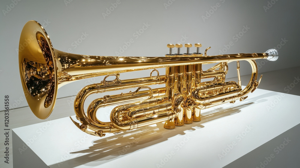 Naklejka premium Trumpet on black and white backgrounds featuring a shiny brass musical instrument with valves and mouthpiece commonly used in jazz and classical bands