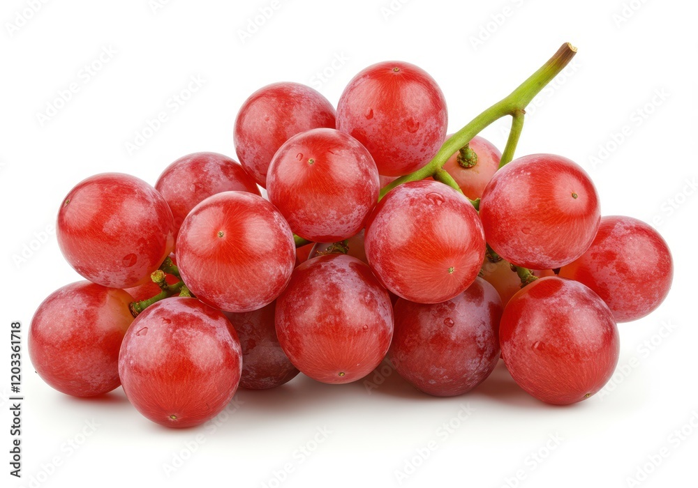 A bunch of plump juicy red grapes with a vibrant dewy surface and green stems isolated on white background A bunch of plump juicy red grapes with a vibrant dewy surface and green stems isolated on white background