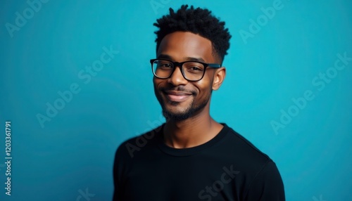 A young black African American man wearing eyeglasses and a black sweater is on blue studio background