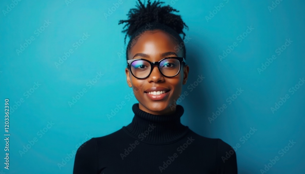 A young black African American woman wearing eyeglasses and a black sweater on blue studio background