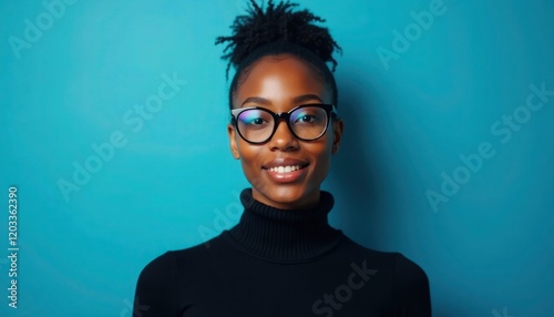 Obraz na płótnie A young black African American woman wearing eyeglasses and a black sweater on blue studio background w salonie