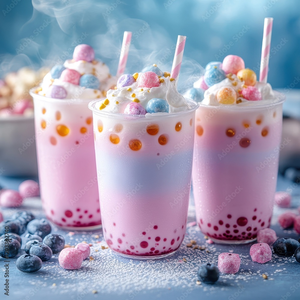 Three glasses of bubble milk with marshmallows and colorful candies Three glasses of bubble milk with marshmallows and colorful candies