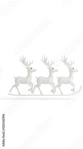Minimalist White Reindeer Figurines on Sleigh Isolated on White Background for Holiday Decoration and Design Concepts