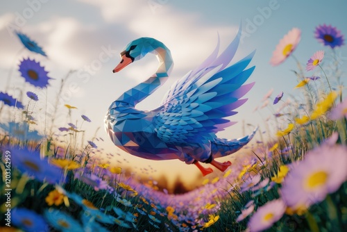 A polygonal swan gracefully flies over a vibrant field of wildflowers at sunset. photo