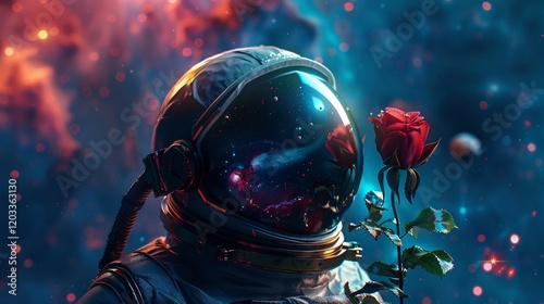 An astronaut helmet, broken and abandoned, with a rose sprouting from it, set against a detailed galaxy and nebula background, 8k octane render with volumetric lighting