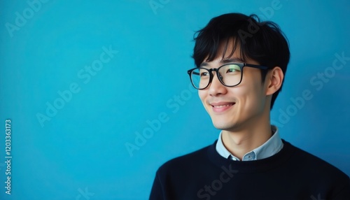 A young Japanese man wearing eyeglasses and a black sweater is on blue studio background
