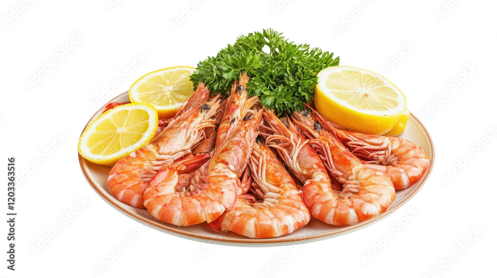 Boiled shrimps on a white plate, fresh and delicious seafood dish Boiled shrimps on a white plate, fresh and delicious seafood dish