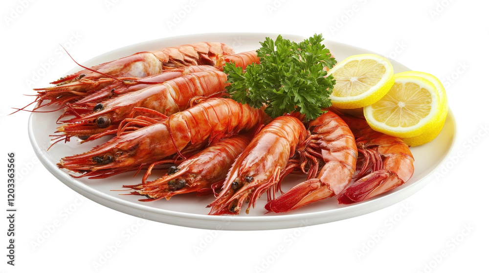 Boiled shrimps on a white plate, fresh and delicious seafood dish Boiled shrimps on a white plate, fresh and delicious seafood dish