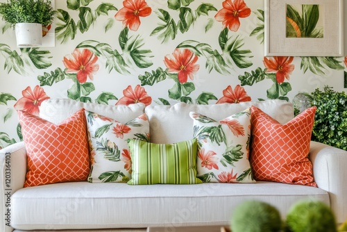 A summer-themed living room with tropical floral wallpaper, bold throw pillows, and greenery accents