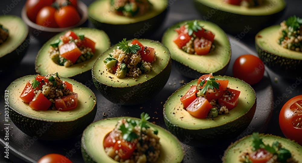 Avocado halves filled with quinoa, diced tomatoes, and parsley, beautifully arranged on a ceramic plate. Avocado halves filled with quinoa, diced tomatoes, and parsley, beautifully arranged on a ceramic plate.