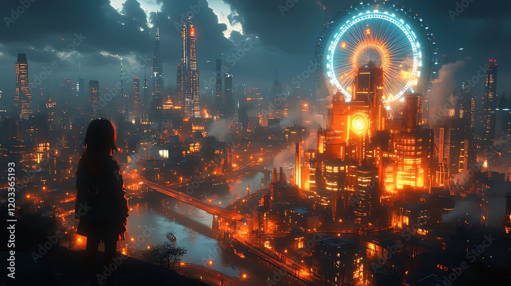 Obraz premium Girl watches futuristic city skyline, fiery buildings, Ferris wheel