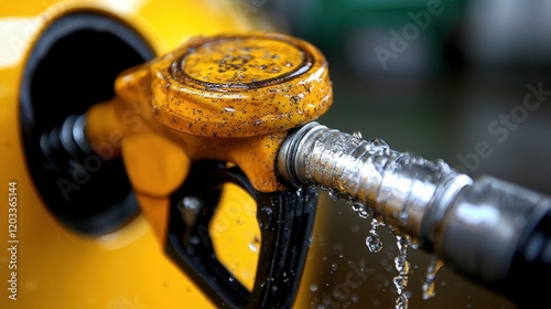 A yellow gas pump with water coming out of it photo