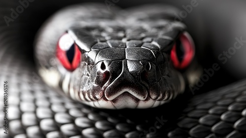 A close up of a snake with red eyes