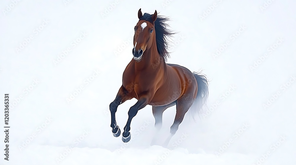 Bay horse galloping in snowy field. Bay horse galloping in snowy field.