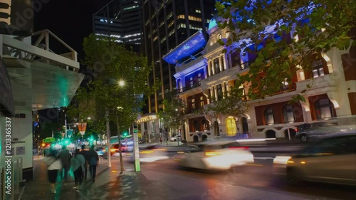 Business Financial Downtown City and Skyscrapers Tower Busy City night timelapse hyperlapse from St Georges Terrace, Perth City, Cityscape Urban Landmark and Business Finance District Center
