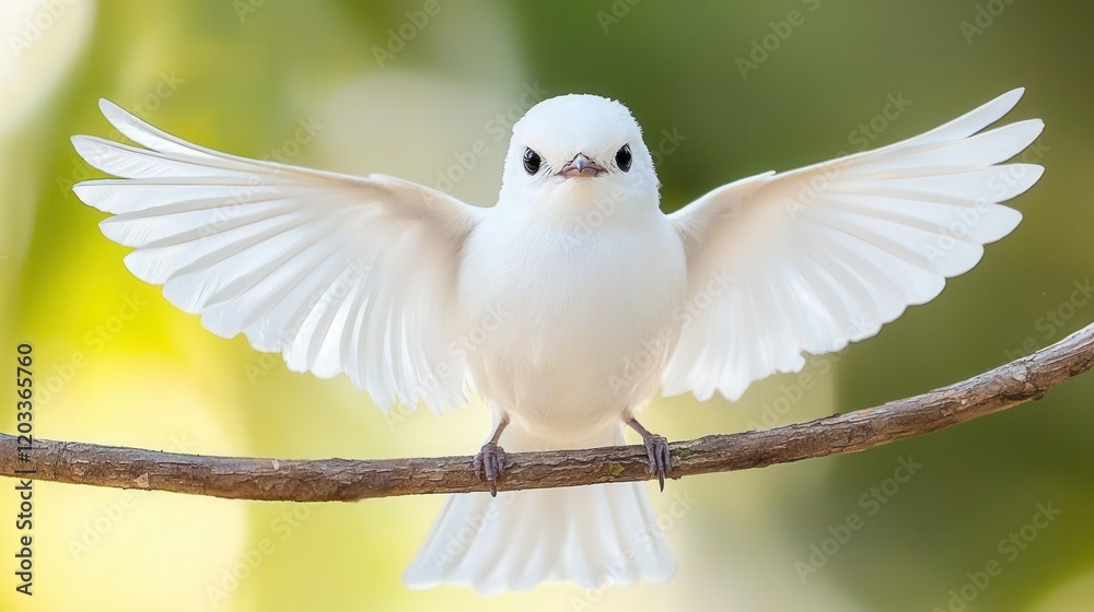 A small white bird sitting on a branch with its wings spread A small white bird sitting on a branch with its wings spread