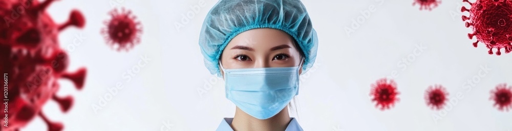 A health professional wearing a mask stands in a clean environment, illustrating the importance of safety measures. The background features representations of viruses, underlining health concerns. A health professional wearing a mask stands in a clean environment, illustrating the importance of safety measures. The background features representations of viruses, underlining health concerns.