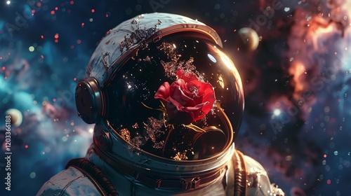 A broken astronaut helmet with a rose emerging from it, set against a cosmic background of galaxies and nebulae, detailed in 8k octane render with volumetric lighting