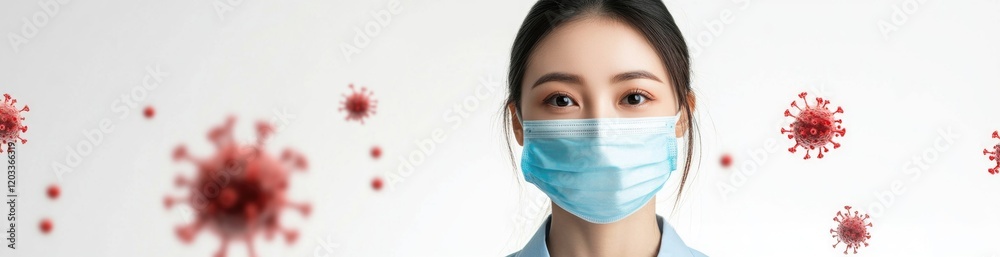 A health professional wearing a mask stands in a clean environment, illustrating the importance of safety measures. The background features representations of viruses, underlining health concerns. A health professional wearing a mask stands in a clean environment, illustrating the importance of safety measures. The background features representations of viruses, underlining health concerns.
