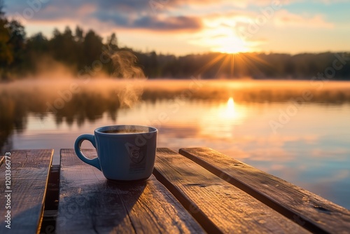 A serene lake view with a steaming cup of coffee on a wooden dock under the soft glow of sunrise.